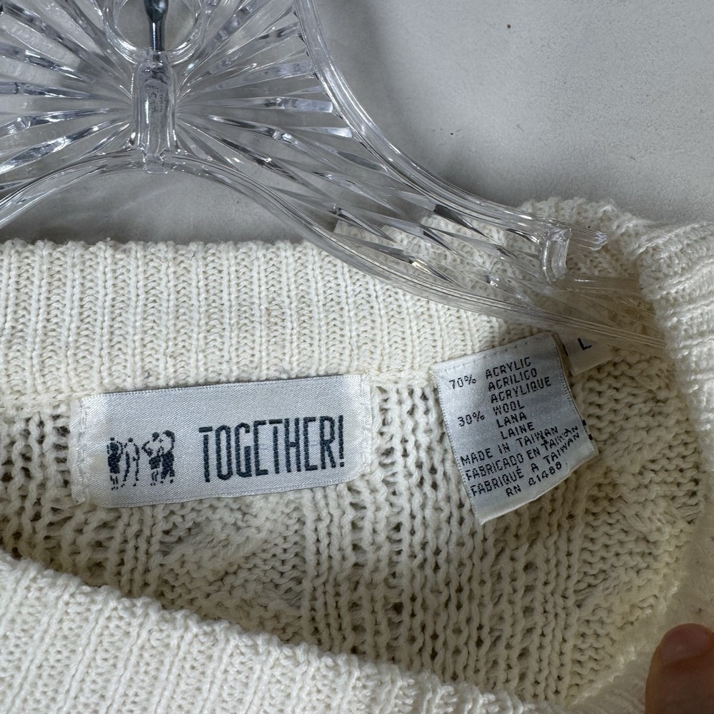 VTG Together! Sweater Womens L Cream Embroidered Teddy Bear Wool Cable Knit 90s - Picture 3 of 16